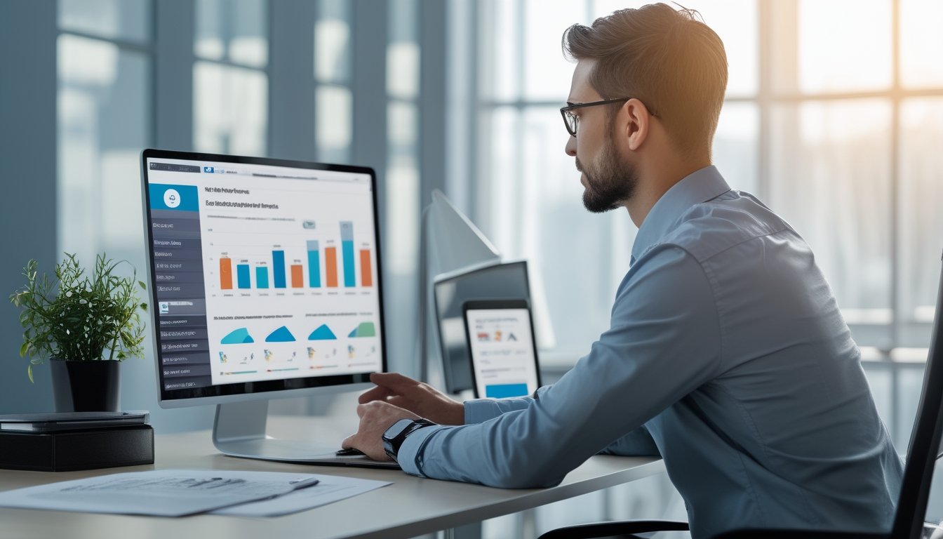 Seorang profesional duduk di meja kantor modern, melihat layar laptop dengan grafik dan data terkait promosi dan bonus togel online.