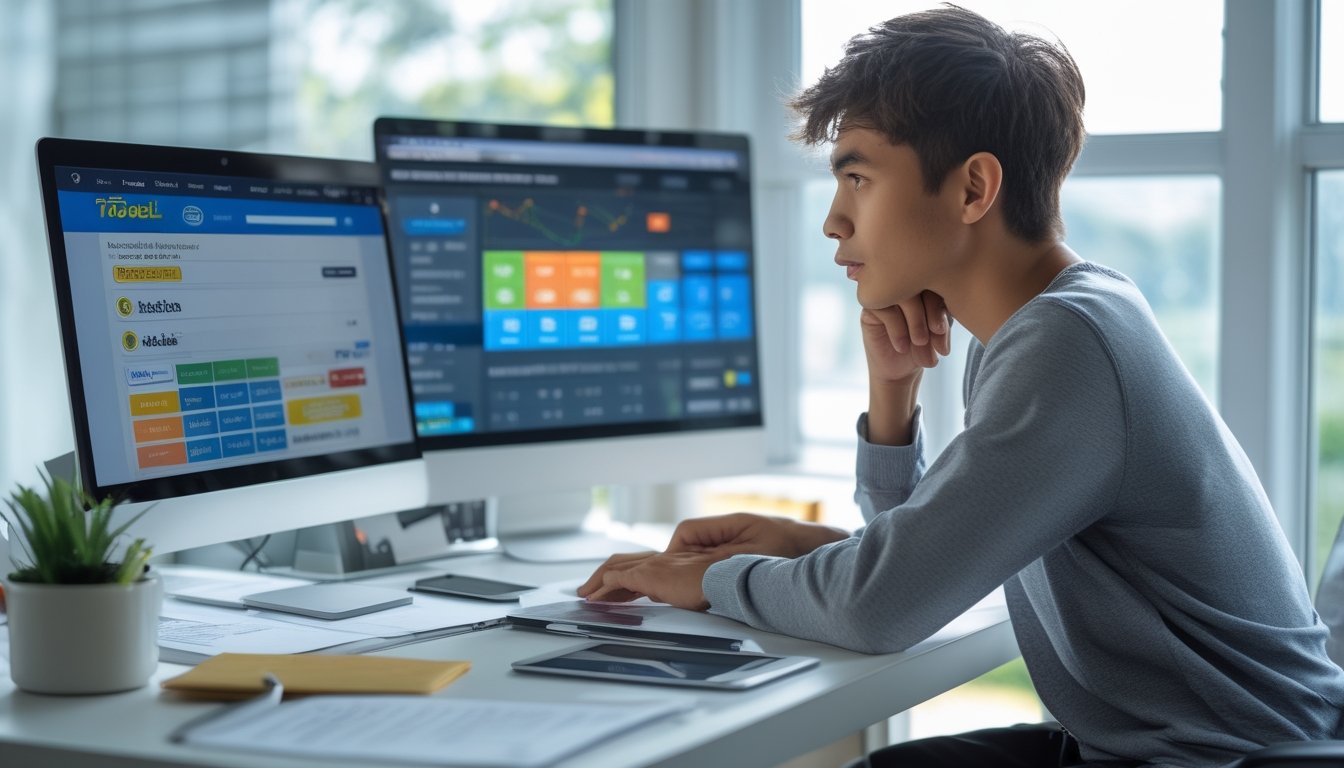 Seorang dewasa muda duduk di meja dengan laptop dan catatan, tampak berpikir sambil mempelajari permainan togel online.