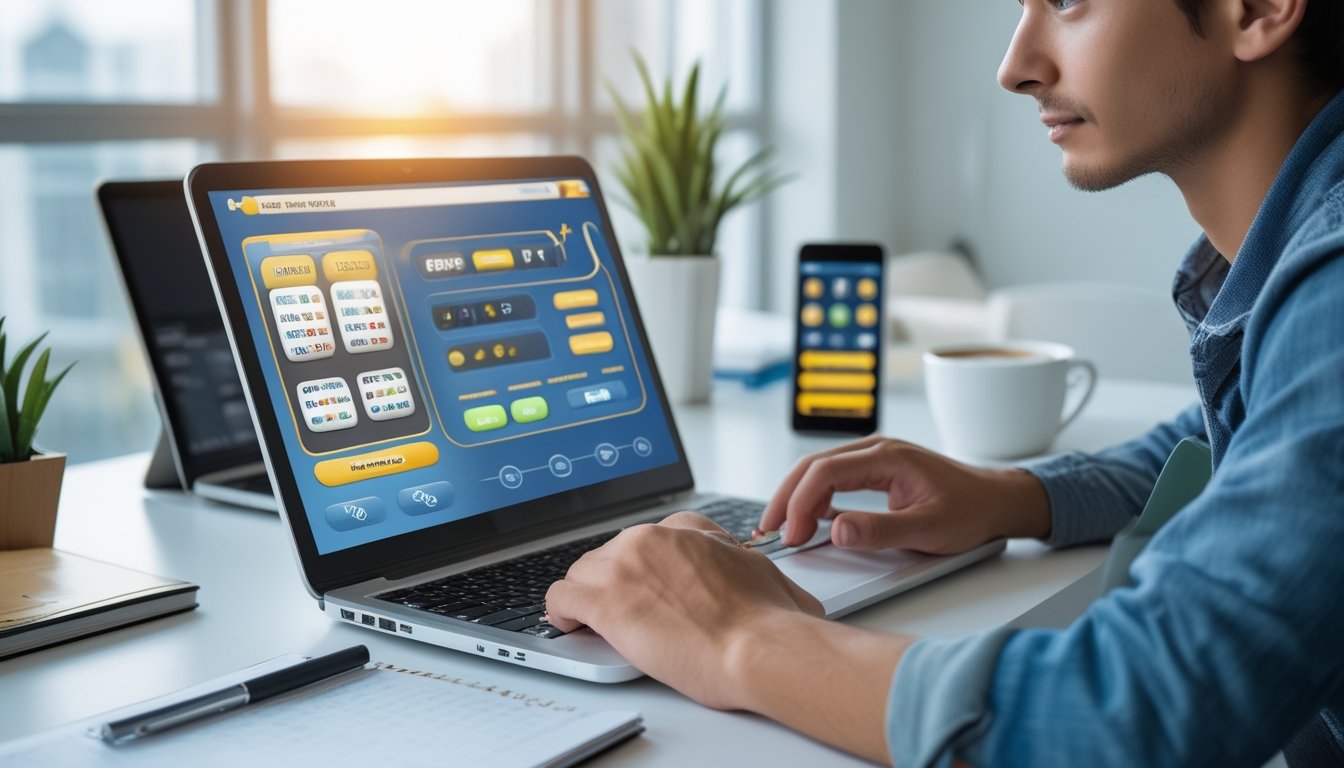Seorang dewasa muda duduk di meja dengan laptop dan mencatat, tampak fokus dan berhati-hati saat menggunakan sistem permainan togel online.