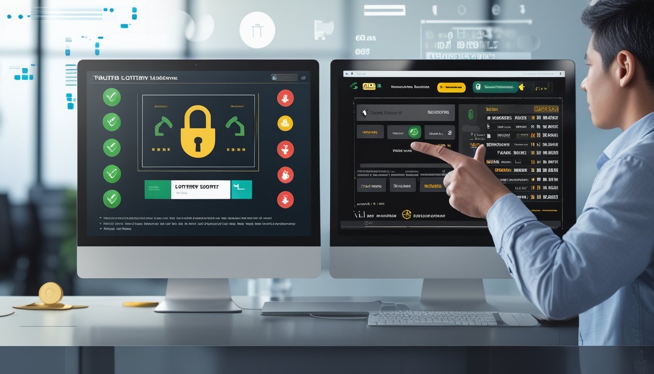 Dua layar komputer berdampingan menunjukkan perbedaan antara situs togel online terpercaya dan situs togel lain, dengan seseorang menunjuk ke layar situs terpercaya.
