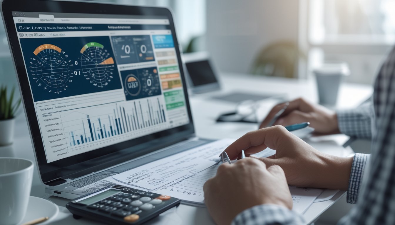 Seseorang sedang bekerja dengan laptop yang menampilkan grafik dan data angka togel, menggunakan kalkulator dan mencatat di meja kerja yang rapi.