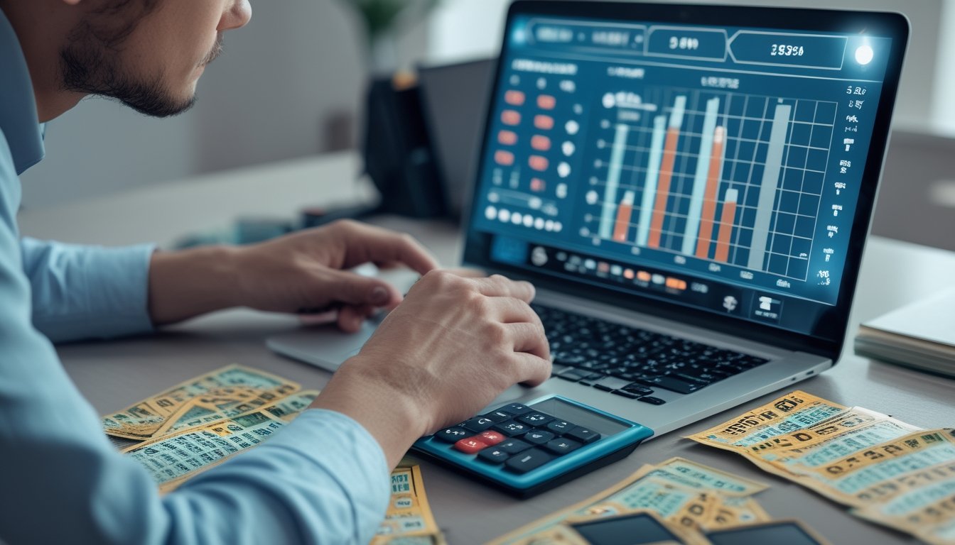 Seorang pria duduk di depan laptop dengan grafik dan tiket lotere di meja, sedang menganalisis data untuk prediksi angka togel online.