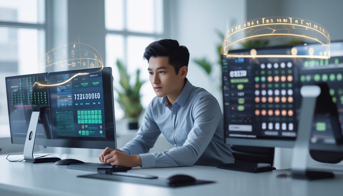 Seorang pria muda sedang duduk di meja kantor dengan beberapa layar komputer yang menampilkan grafik dan angka lotere, terlihat fokus menganalisis data.