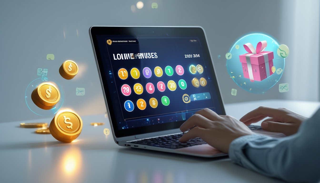 Seseorang menggunakan laptop dengan tampilan angka togel dan ikon bonus di layar, dikelilingi oleh elemen digital yang melambangkan bonus dan permainan togel online.