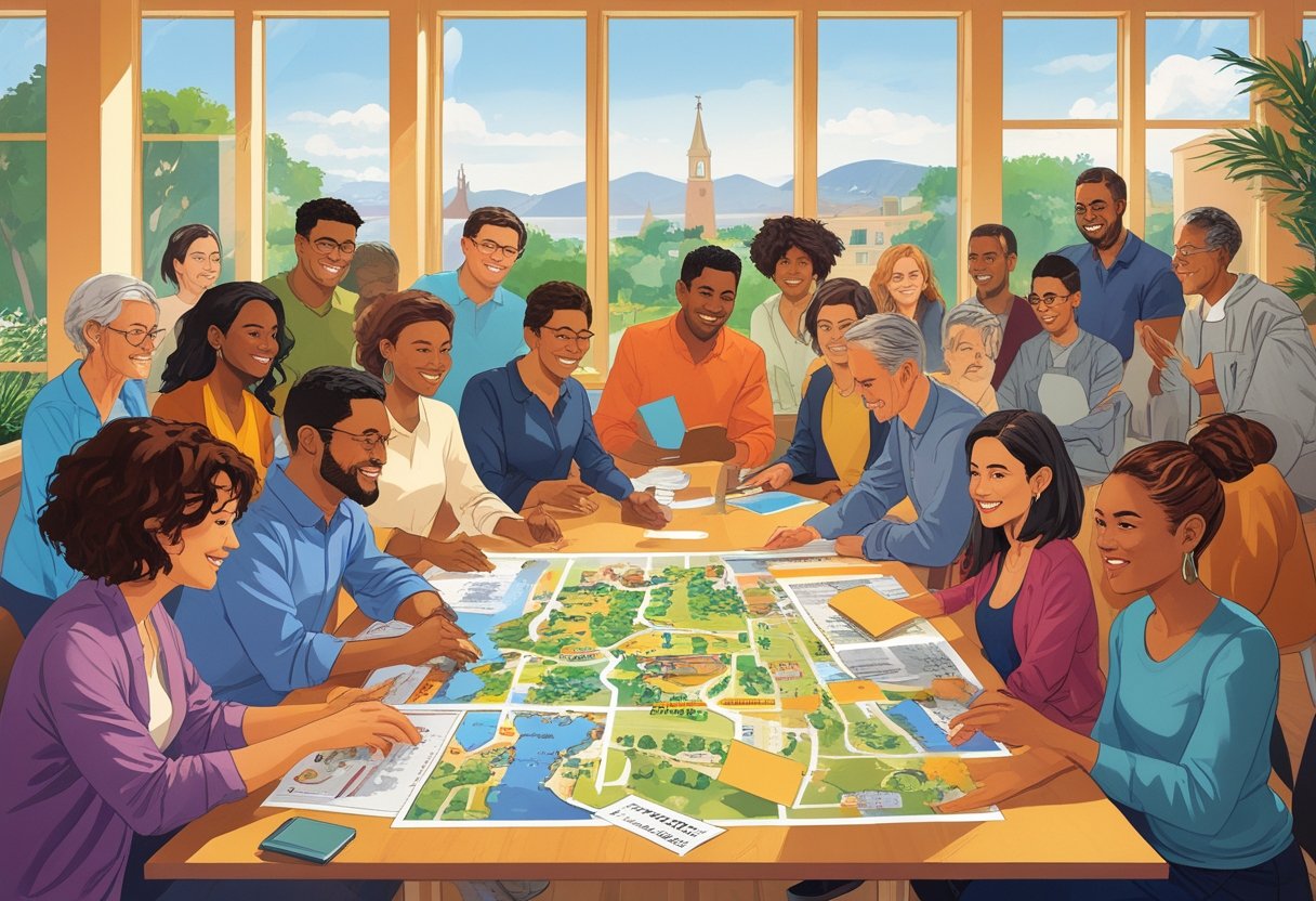 A diverse group of people gathered around a table planning a community event with maps and devices, with a sunny view of Rosenberg visible through windows.