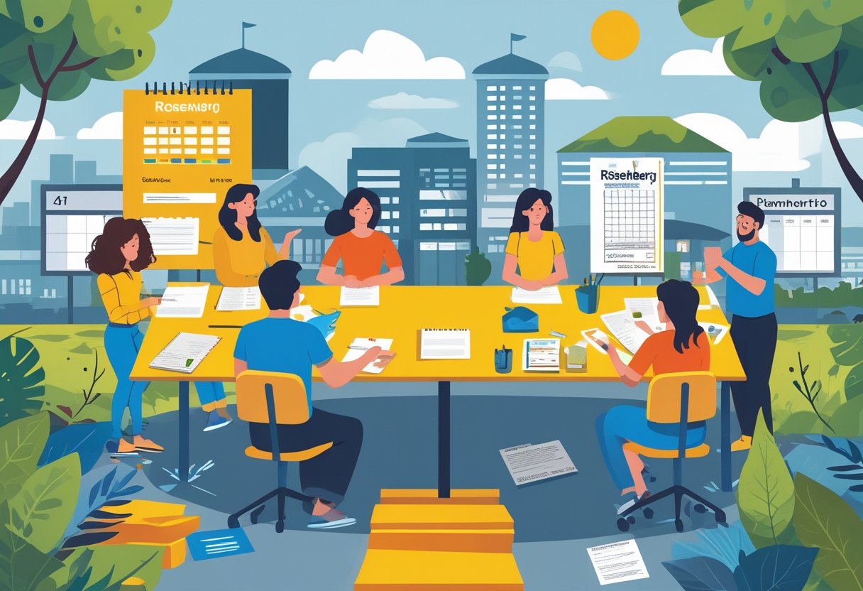 People working together around a table with event planning materials, with a cityscape and community spaces in the background.