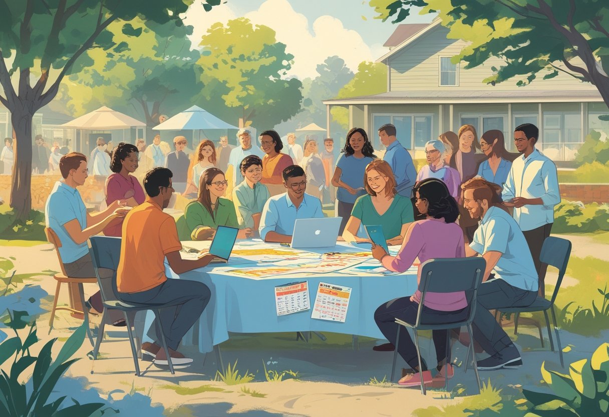 A diverse group of people gathered outdoors around a table, planning a community event together in a small-town setting.