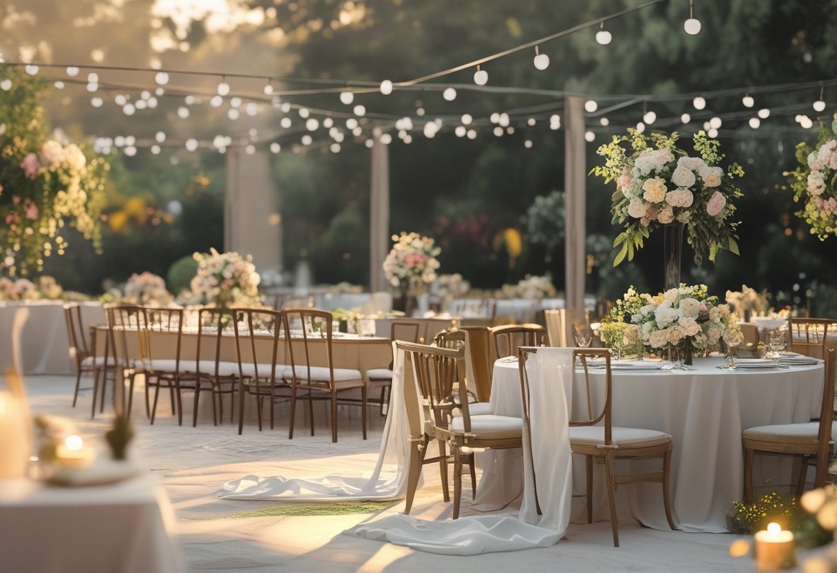 A wedding reception setup outdoors with different types of chairs arranged around decorated tables under string lights.