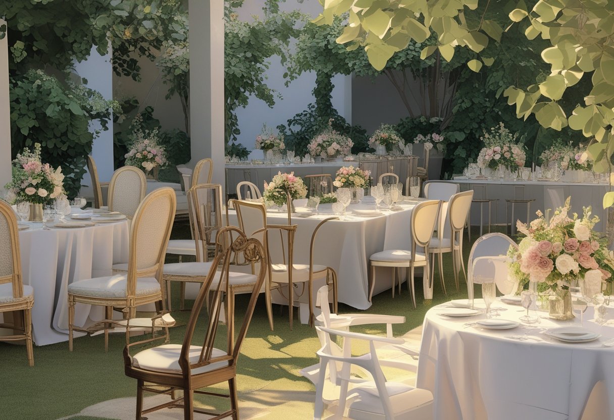 An outdoor wedding setup with a variety of different chairs arranged around tables decorated with flowers.
