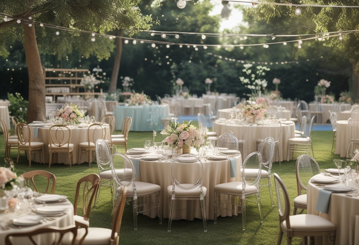 A wedding reception setup with different types of chairs arranged around decorated tables outdoors.