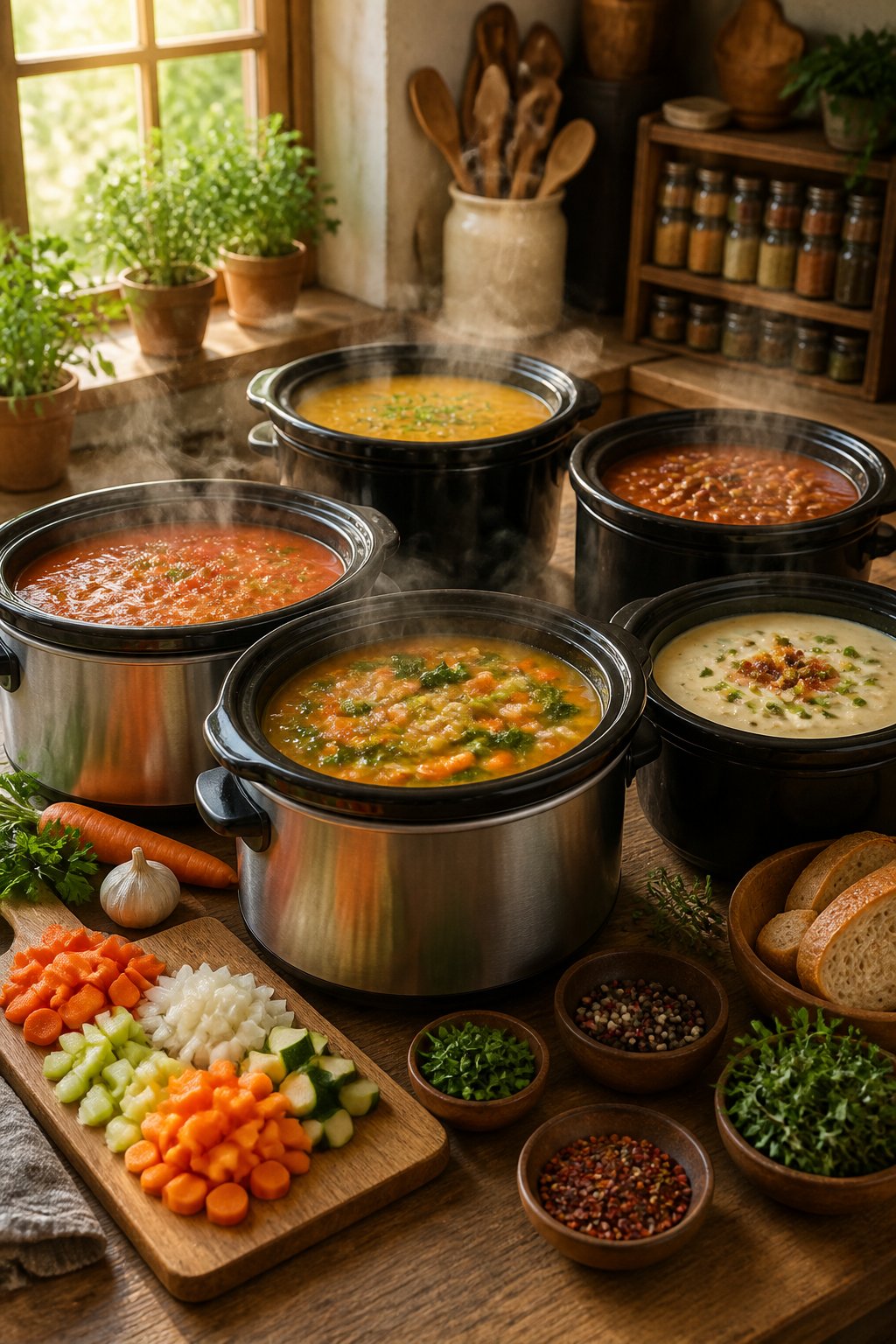 25 Crockpot Soup Recipes That Make the Whole House Smell Amazing 2 Several crockpots with steaming soups on a kitchen counter surrounded by fresh vegetables and herbs.
