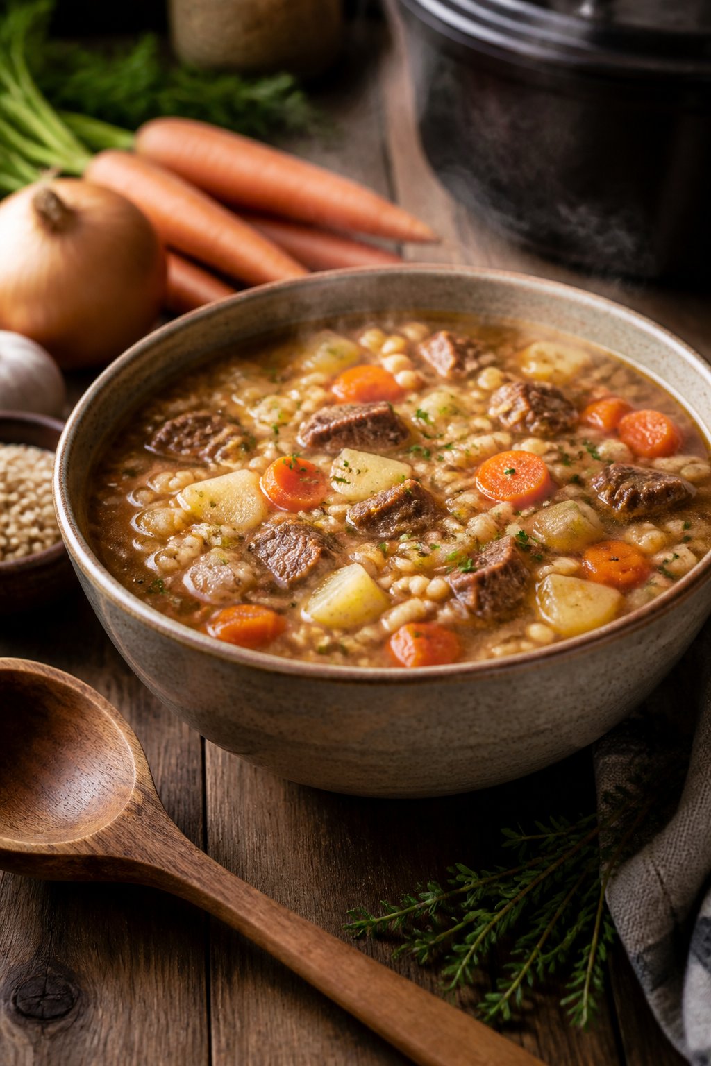 25 Crockpot Soup Recipes That Make the Whole House Smell Amazing 3 A bowl of beef barley and root vegetable soup on a wooden table with fresh vegetables and herbs nearby.