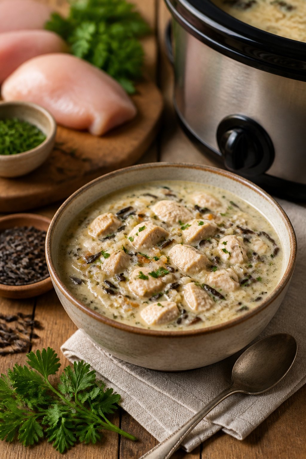 25 Crockpot Soup Recipes That Make the Whole House Smell Amazing 5 A bowl of creamy chicken and wild rice soup on a wooden table with fresh ingredients and a spoon nearby.