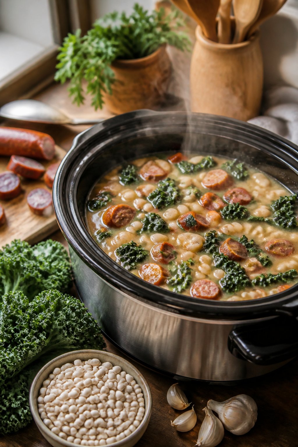 25 Crockpot Soup Recipes That Make the Whole House Smell Amazing 6 A crockpot filled with steaming Tuscan white bean, kale, and sausage stew on a wooden countertop surrounded by fresh ingredients.