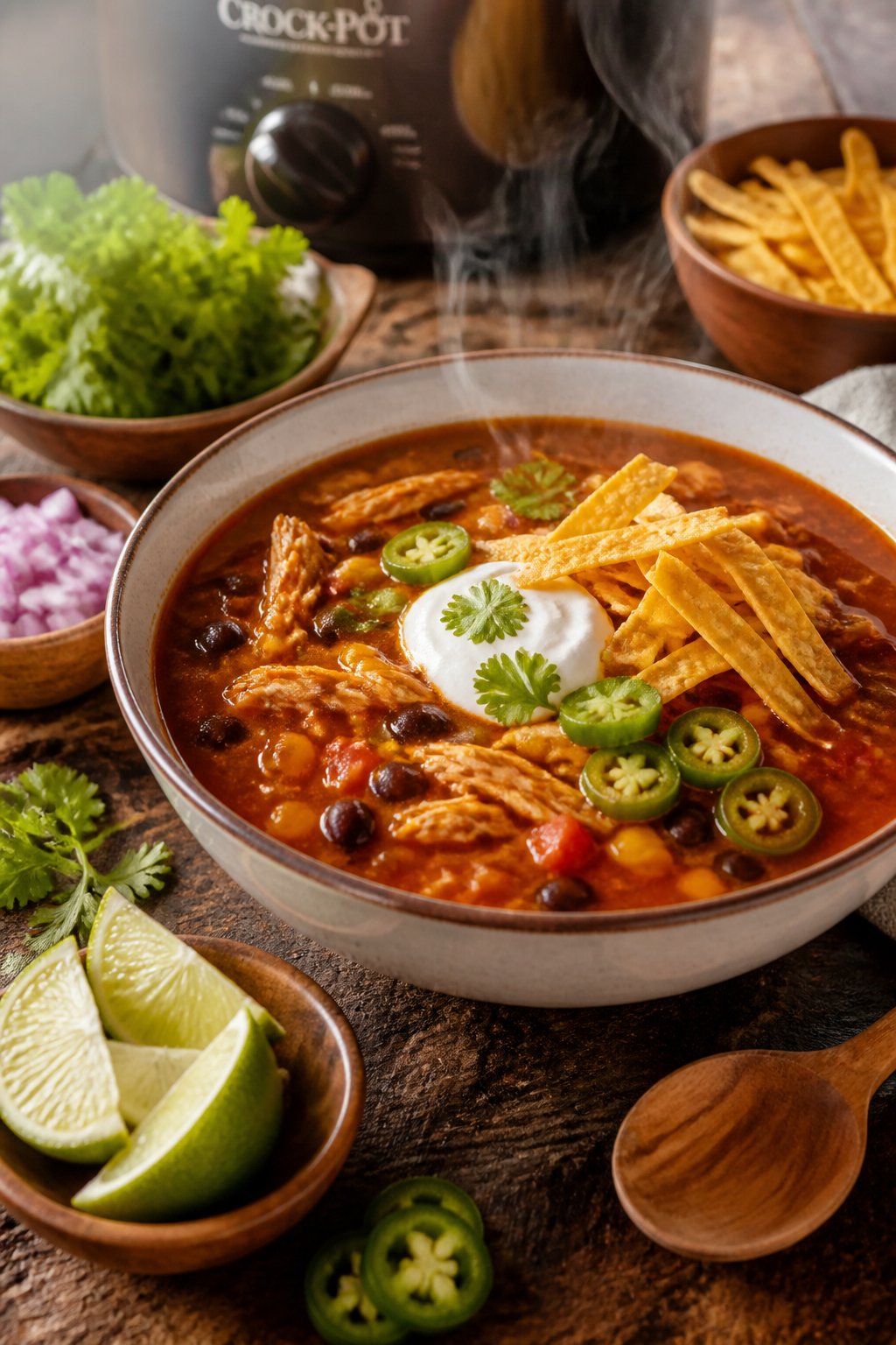 25 Crockpot Soup Recipes That Make the Whole House Smell Amazing 7 A bowl of Mexican chicken tortilla crockpot soup with tortilla strips and cilantro on a wooden table surrounded by fresh ingredients.