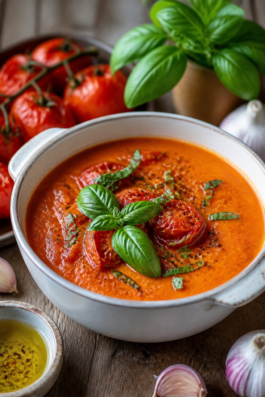 25 Crockpot Soup Recipes That Make the Whole House Smell Amazing 8 A bowl of creamy roasted tomato and basil soup garnished with fresh basil on a wooden table surrounded by ingredients like tomatoes and garlic.