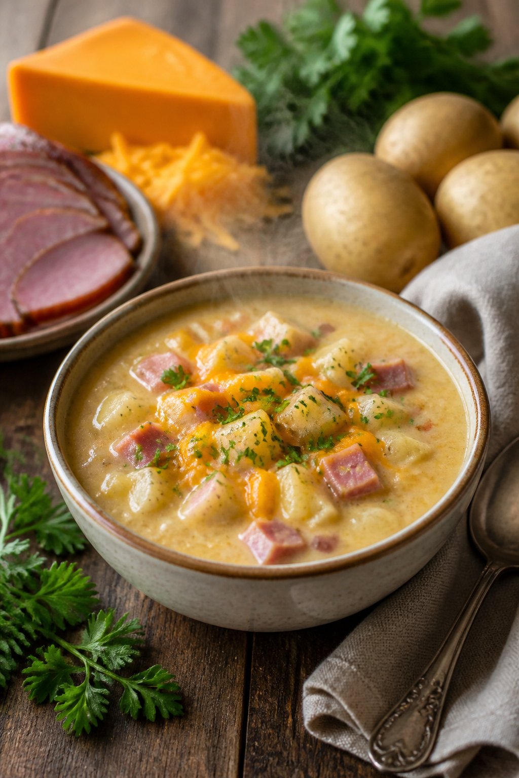 25 Crockpot Soup Recipes That Make the Whole House Smell Amazing 10 A bowl of creamy ham, potato, and cheddar chowder garnished with parsley on a wooden table with fresh ingredients around it.