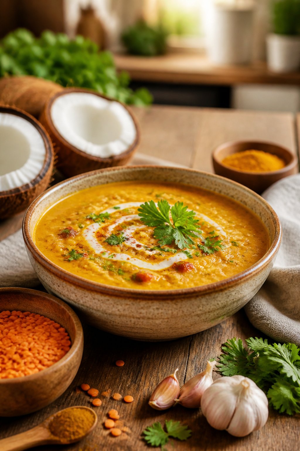 25 Crockpot Soup Recipes That Make the Whole House Smell Amazing 11 A bowl of creamy coconut curry lentil soup garnished with cilantro on a wooden table surrounded by fresh ingredients.