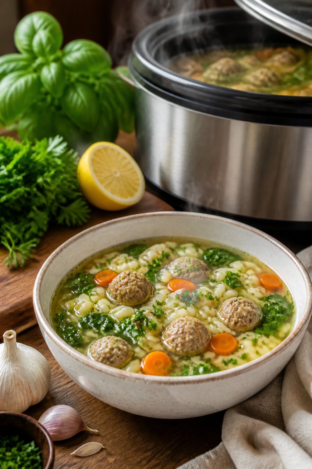 25 Crockpot Soup Recipes That Make the Whole House Smell Amazing 12 A bowl of Italian wedding soup with meatballs, pasta, and vegetables on a wooden table next to fresh herbs and a slow cooker.