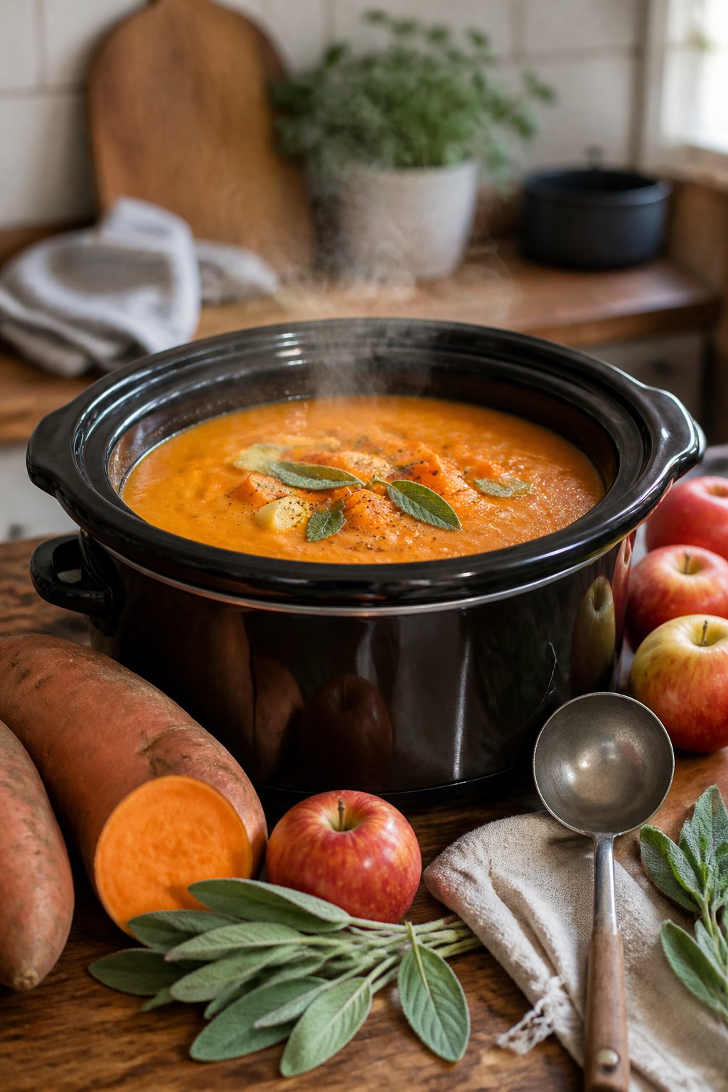 25 Crockpot Soup Recipes That Make the Whole House Smell Amazing 13 A crockpot filled with steaming sweet potato, apple, and sage soup on a wooden countertop surrounded by fresh sweet potatoes, apples, and sage leaves.