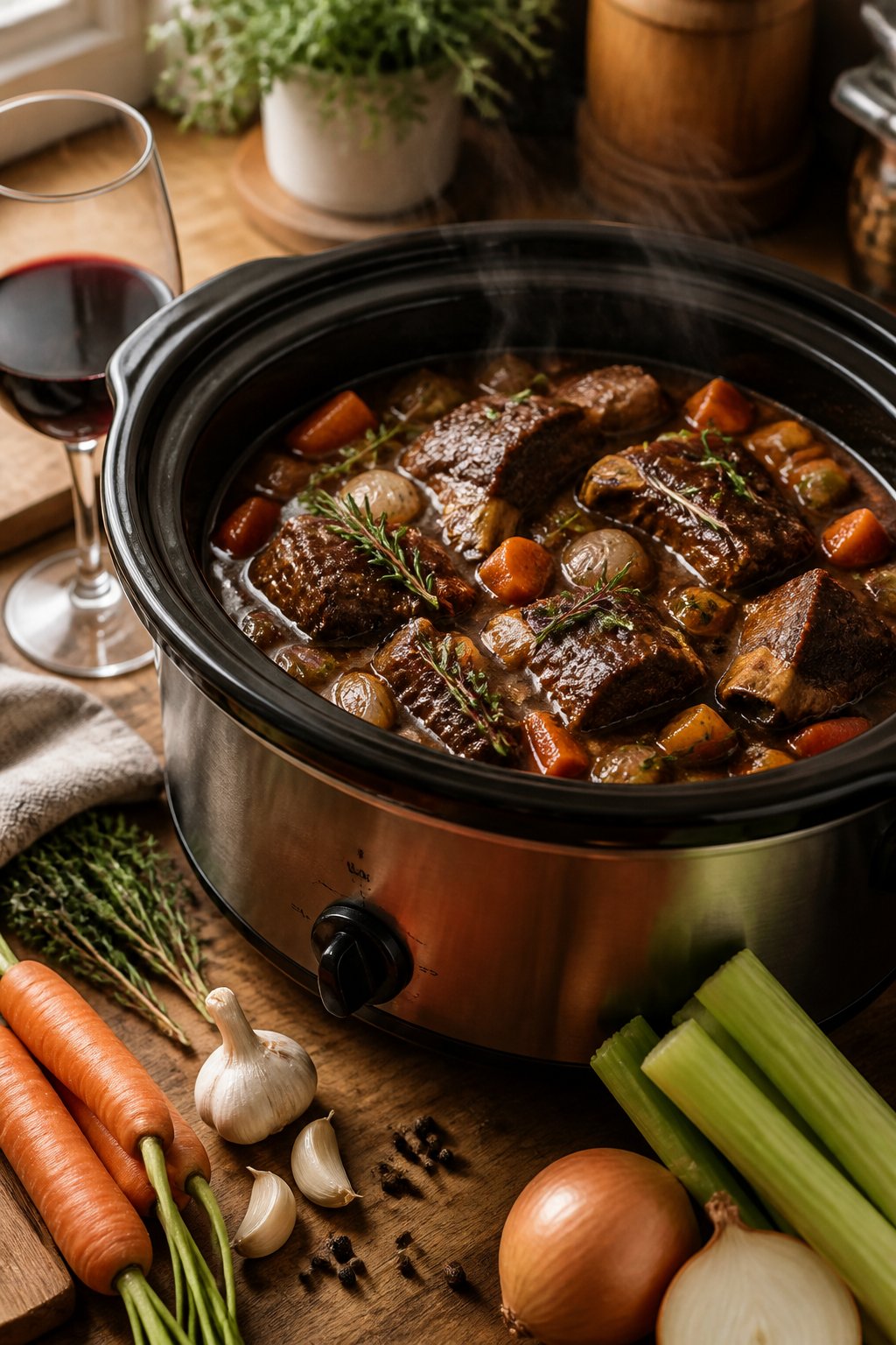 25 Crockpot Soup Recipes That Make the Whole House Smell Amazing 14 A crockpot filled with beef short rib and red wine stew on a wooden countertop surrounded by fresh vegetables and herbs, with a glass of red wine nearby.