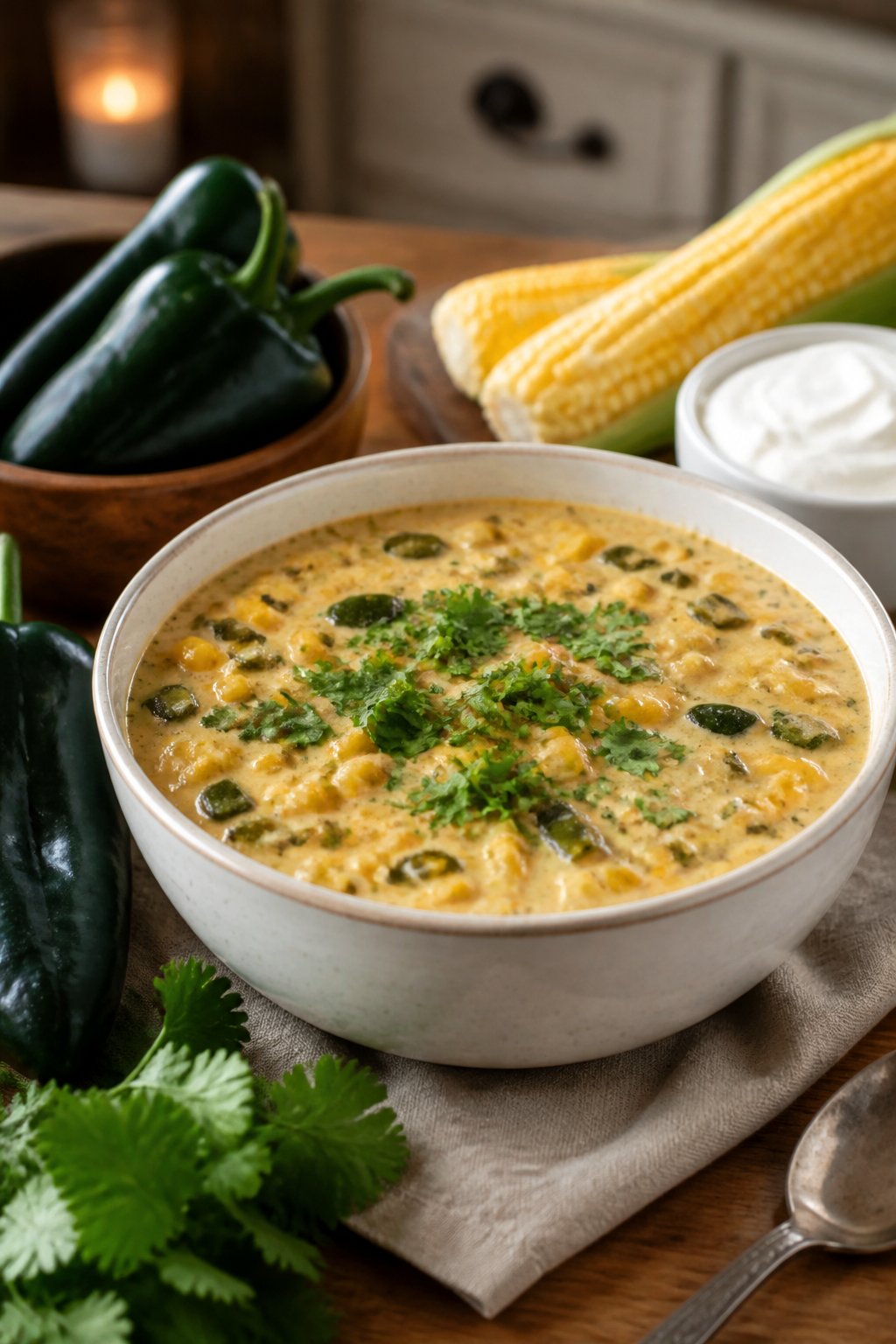 25 Crockpot Soup Recipes That Make the Whole House Smell Amazing 15 A bowl of creamy corn and poblano chowder garnished with herbs on a wooden table with fresh corn and poblano peppers nearby.