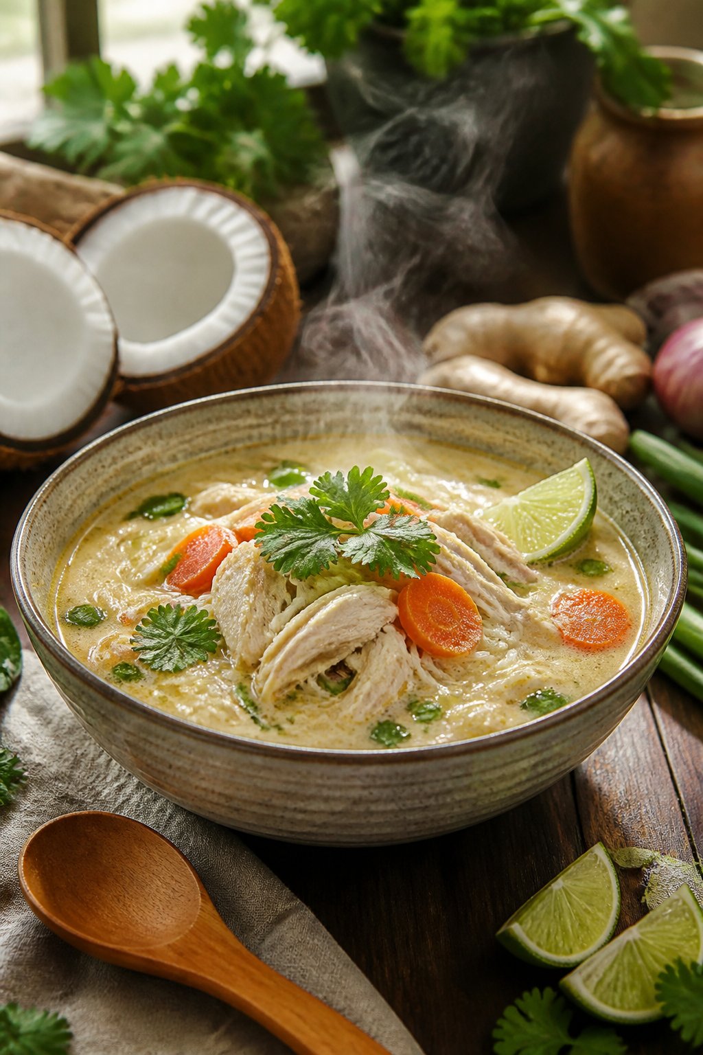25 Crockpot Soup Recipes That Make the Whole House Smell Amazing 16 A bowl of steaming coconut chicken noodle soup with vegetables on a wooden table surrounded by fresh ingredients.
