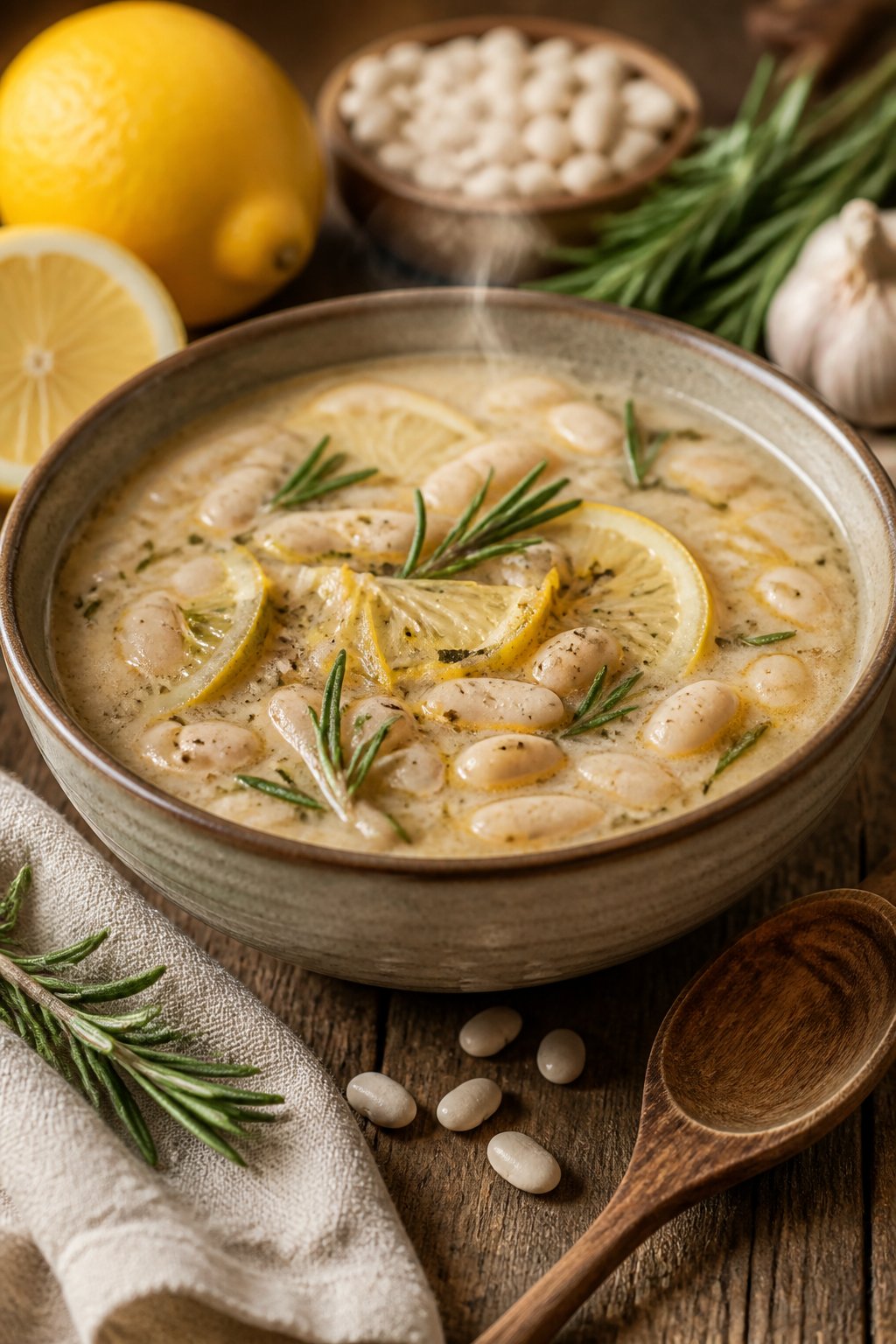 25 Crockpot Soup Recipes That Make the Whole House Smell Amazing 17 A bowl of white bean, rosemary, and lemon soup on a wooden table with fresh lemons and rosemary nearby.