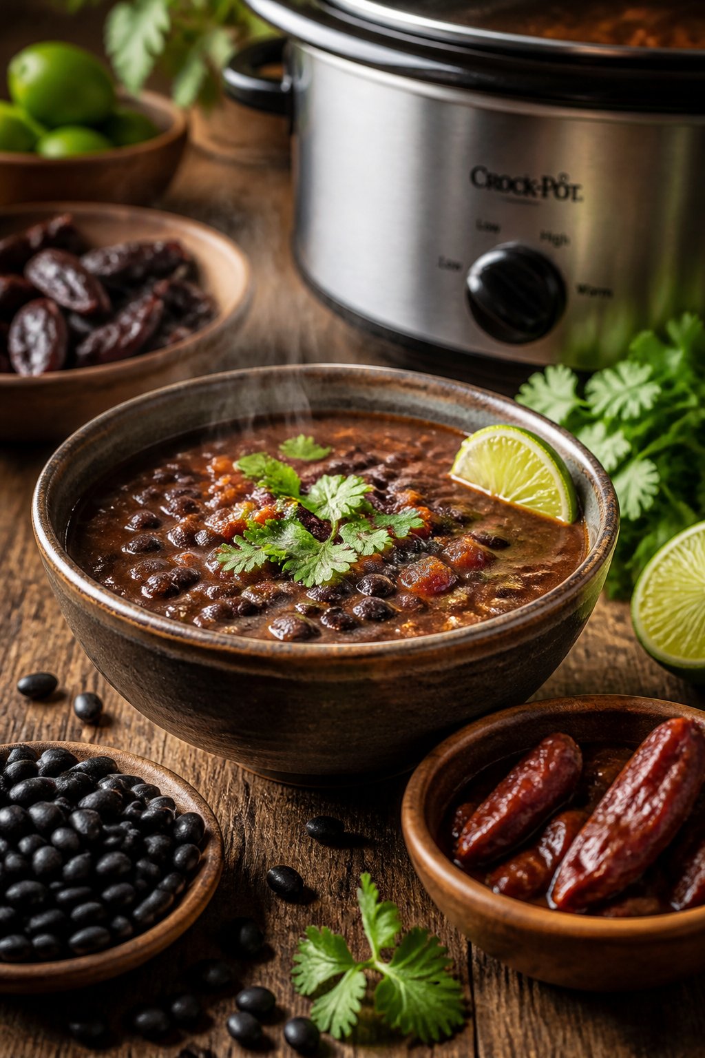 25 Crockpot Soup Recipes That Make the Whole House Smell Amazing 18 A steaming bowl of black bean and chipotle soup garnished with cilantro and lime on a wooden table with ingredients and a slow cooker in the background.