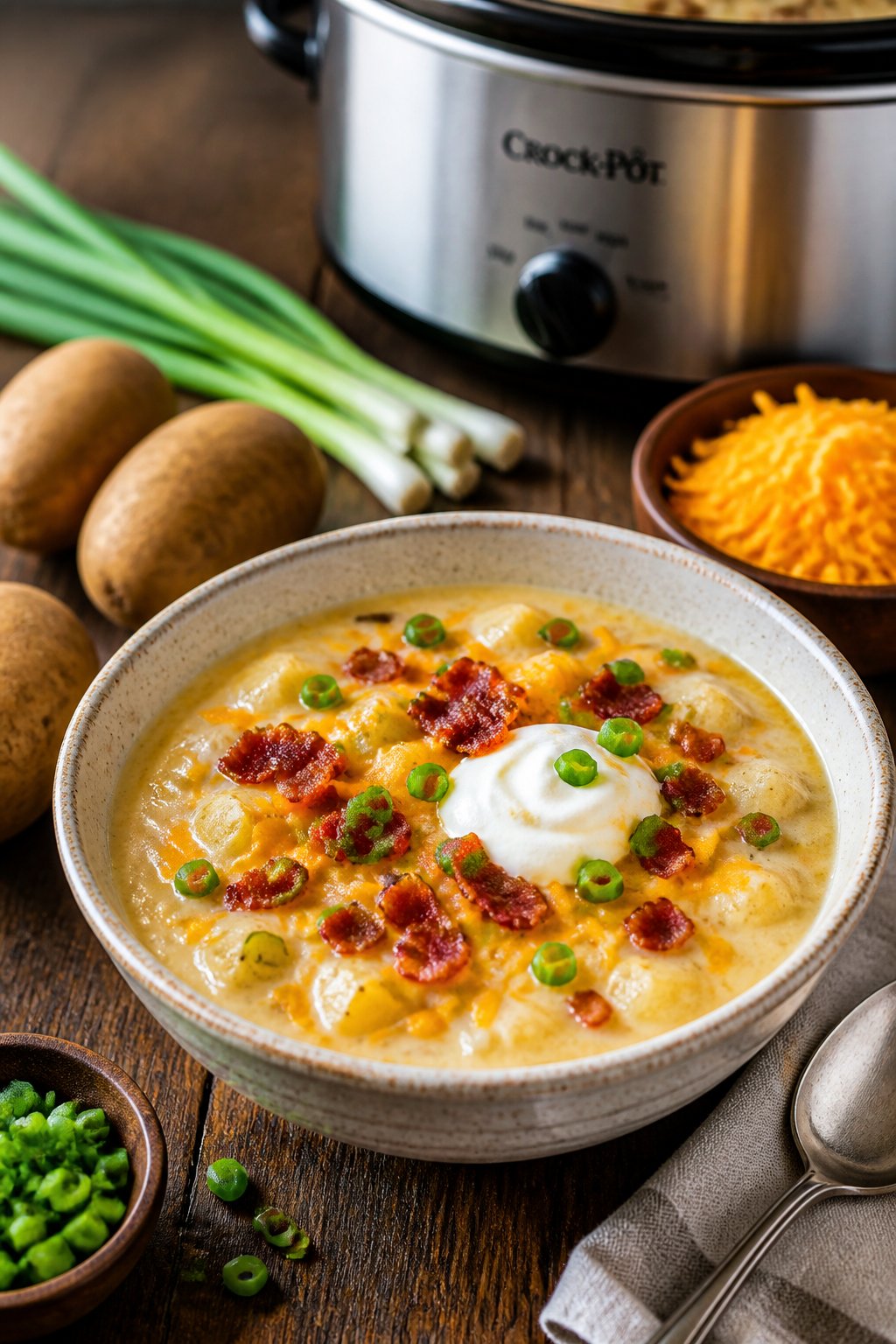 25 Crockpot Soup Recipes That Make the Whole House Smell Amazing 19 A bowl of creamy loaded baked potato soup topped with cheese, bacon, green onions, and sour cream on a wooden table with fresh ingredients and a slow cooker in the background.