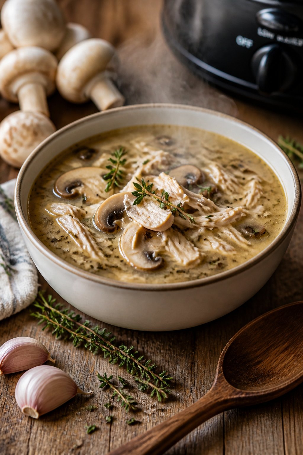 25 Crockpot Soup Recipes That Make the Whole House Smell Amazing 20 A bowl of chicken, mushroom, and thyme soup on a wooden table with fresh mushrooms and thyme nearby.