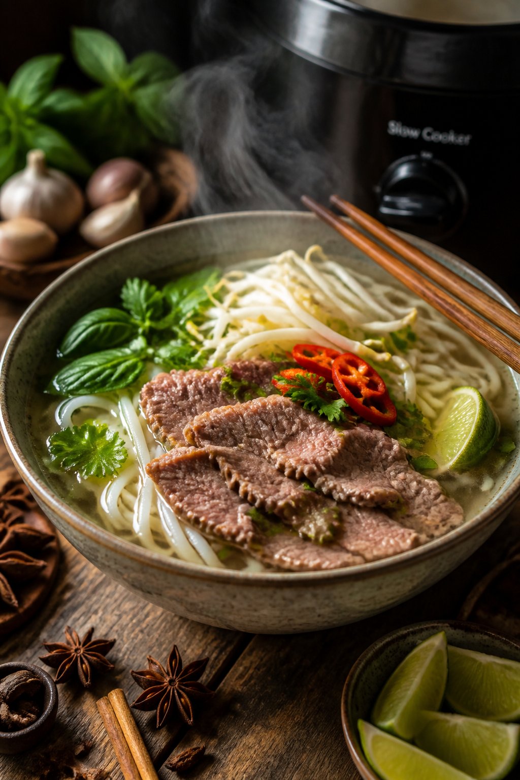 25 Crockpot Soup Recipes That Make the Whole House Smell Amazing 21 A bowl of steaming pho-style beef noodle soup with fresh herbs and lime on a wooden table.