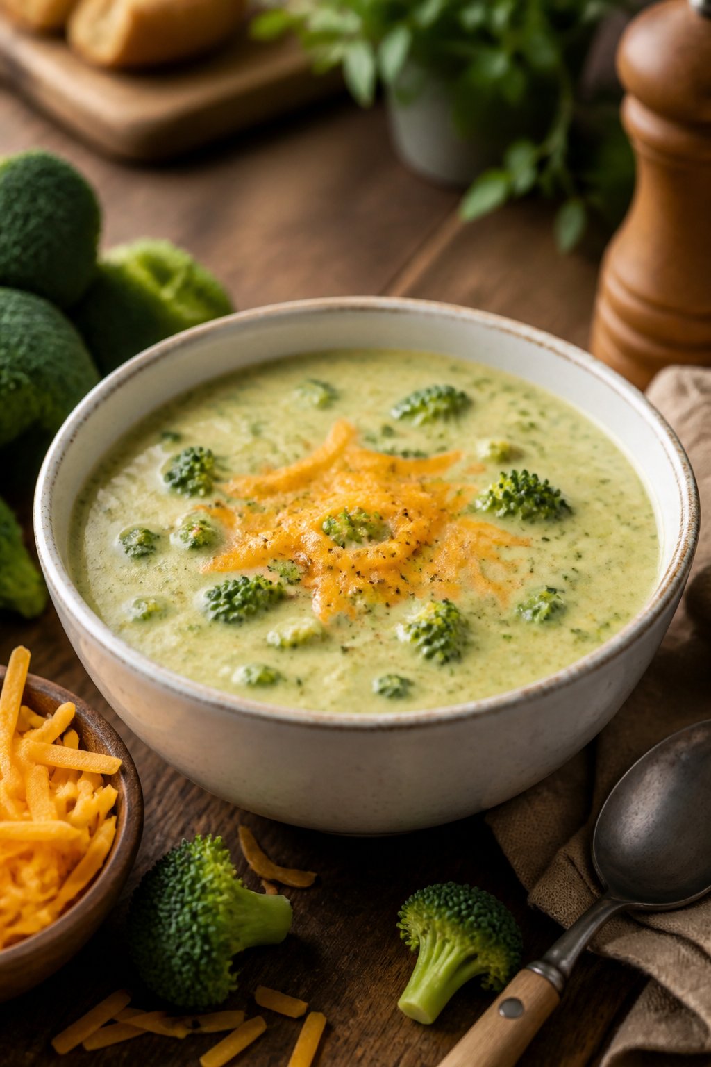 25 Crockpot Soup Recipes That Make the Whole House Smell Amazing 22 A bowl of creamy broccoli cheddar soup on a wooden table with fresh broccoli and shredded cheese nearby.
