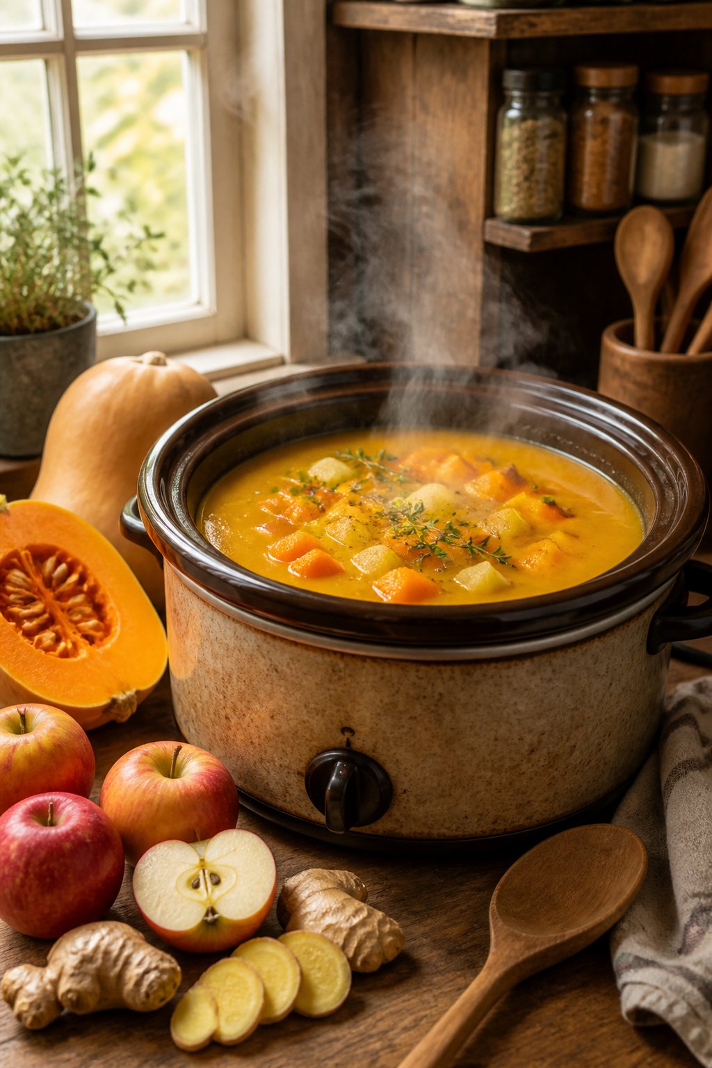 25 Crockpot Soup Recipes That Make the Whole House Smell Amazing 23 A crockpot filled with steaming winter squash, apple, and ginger soup on a wooden countertop surrounded by fresh squash, apples, and ginger slices.