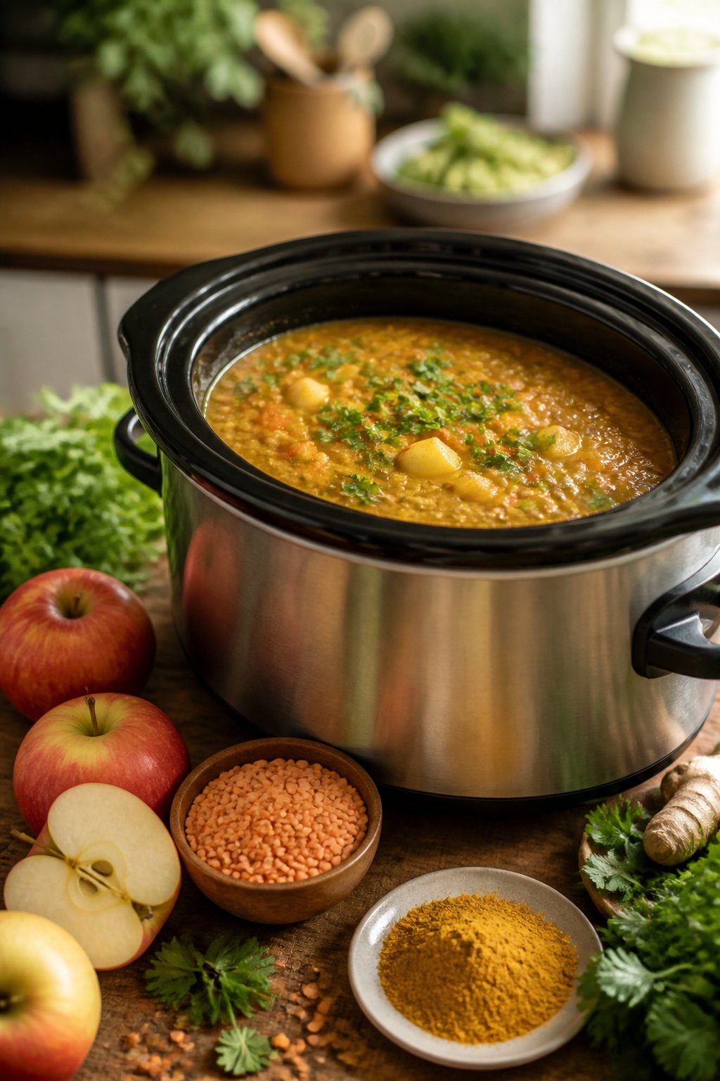 25 Crockpot Soup Recipes That Make the Whole House Smell Amazing 24 Slow cooker filled with curried lentil and apple soup on a kitchen countertop surrounded by fresh ingredients.