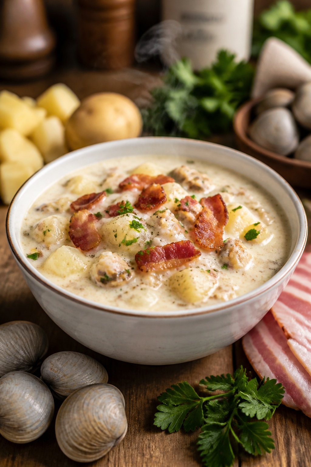 25 Crockpot Soup Recipes That Make the Whole House Smell Amazing 25 A bowl of creamy clam chowder with clams, potatoes, and crispy bacon on a wooden table with fresh ingredients around it.