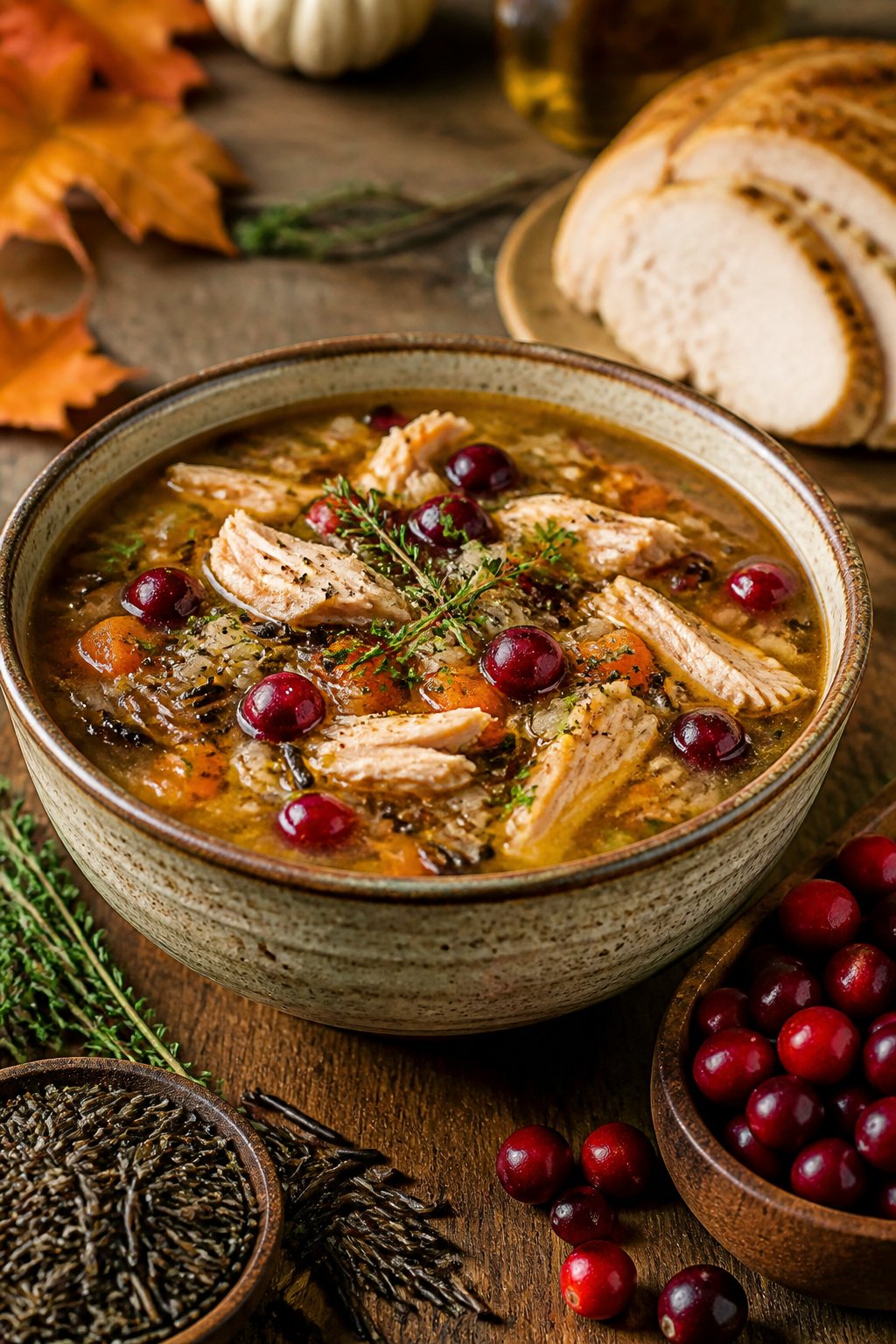 25 Crockpot Soup Recipes That Make the Whole House Smell Amazing 26 A bowl of turkey, wild rice, and cranberry soup garnished with herbs on a wooden table with ingredients around it.