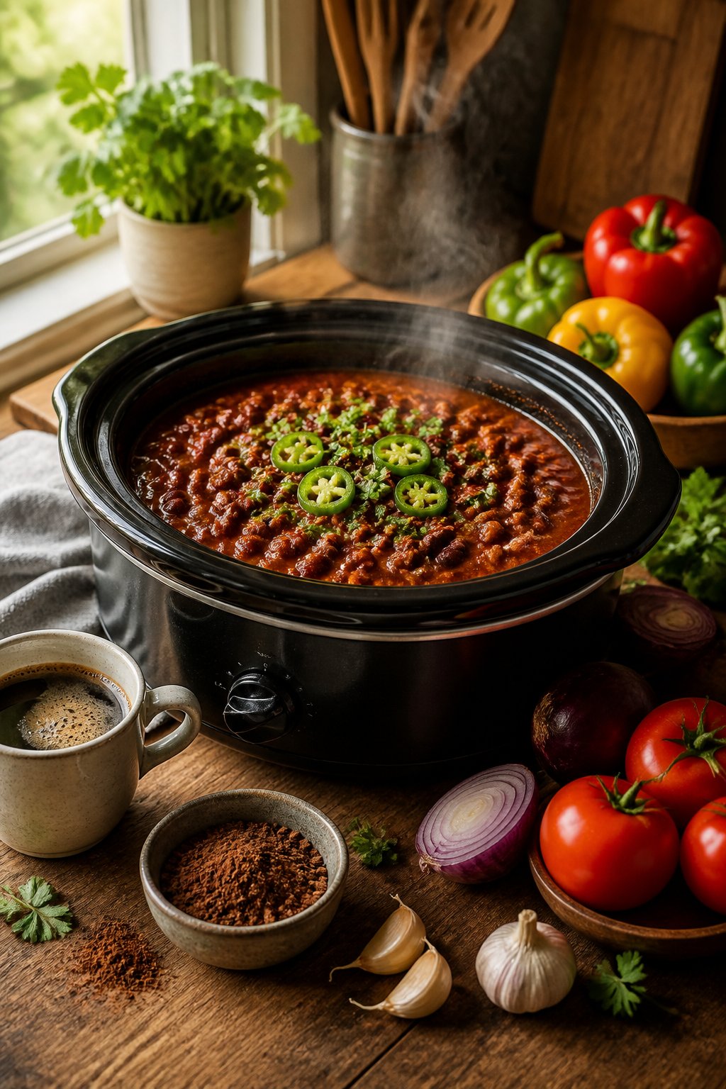 25 Crockpot Soup Recipes That Make the Whole House Smell Amazing 27 Slow cooker filled with beef chili surrounded by fresh ingredients like cocoa powder, espresso, tomatoes, and peppers on a wooden kitchen countertop.