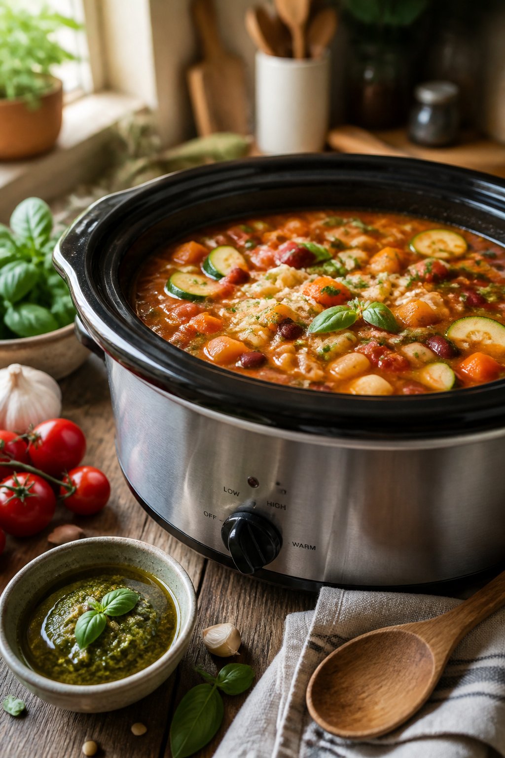 25 Crockpot Soup Recipes That Make the Whole House Smell Amazing 28 A crockpot filled with colorful vegetarian minestrone soup next to a bowl of green pesto and fresh vegetables on a kitchen counter.
