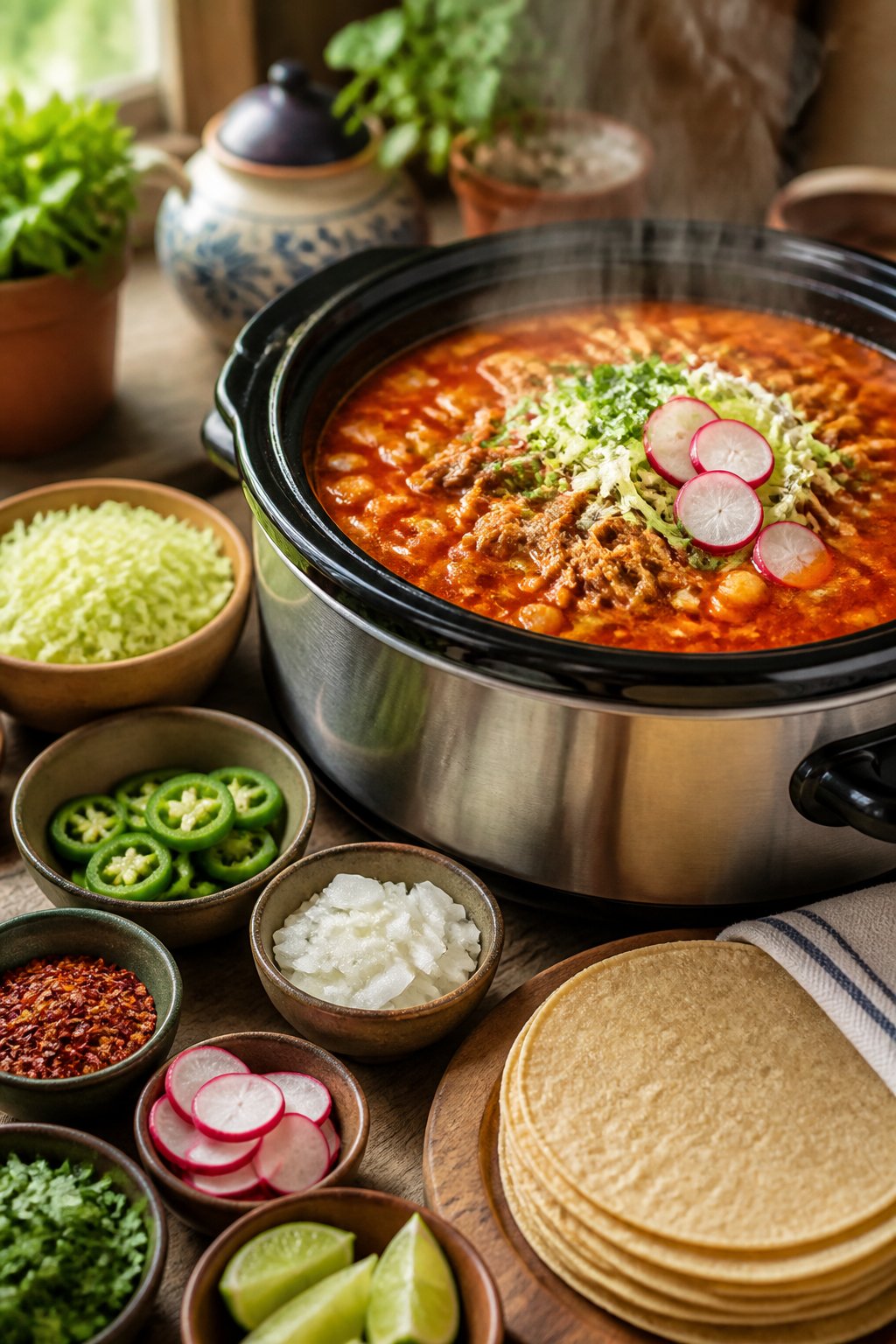 25 Crockpot Soup Recipes That Make the Whole House Smell Amazing 29 A crockpot filled with steaming pozole soup containing hominy and shredded pork, surrounded by bowls of toppings and corn tortillas on a wooden table.