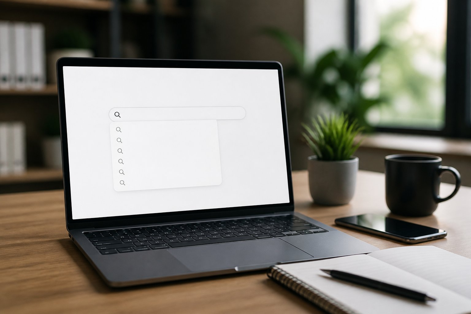 A laptop showing a search engine with an autocomplete dropdown, placed on a desk with a smartphone and notebook nearby.