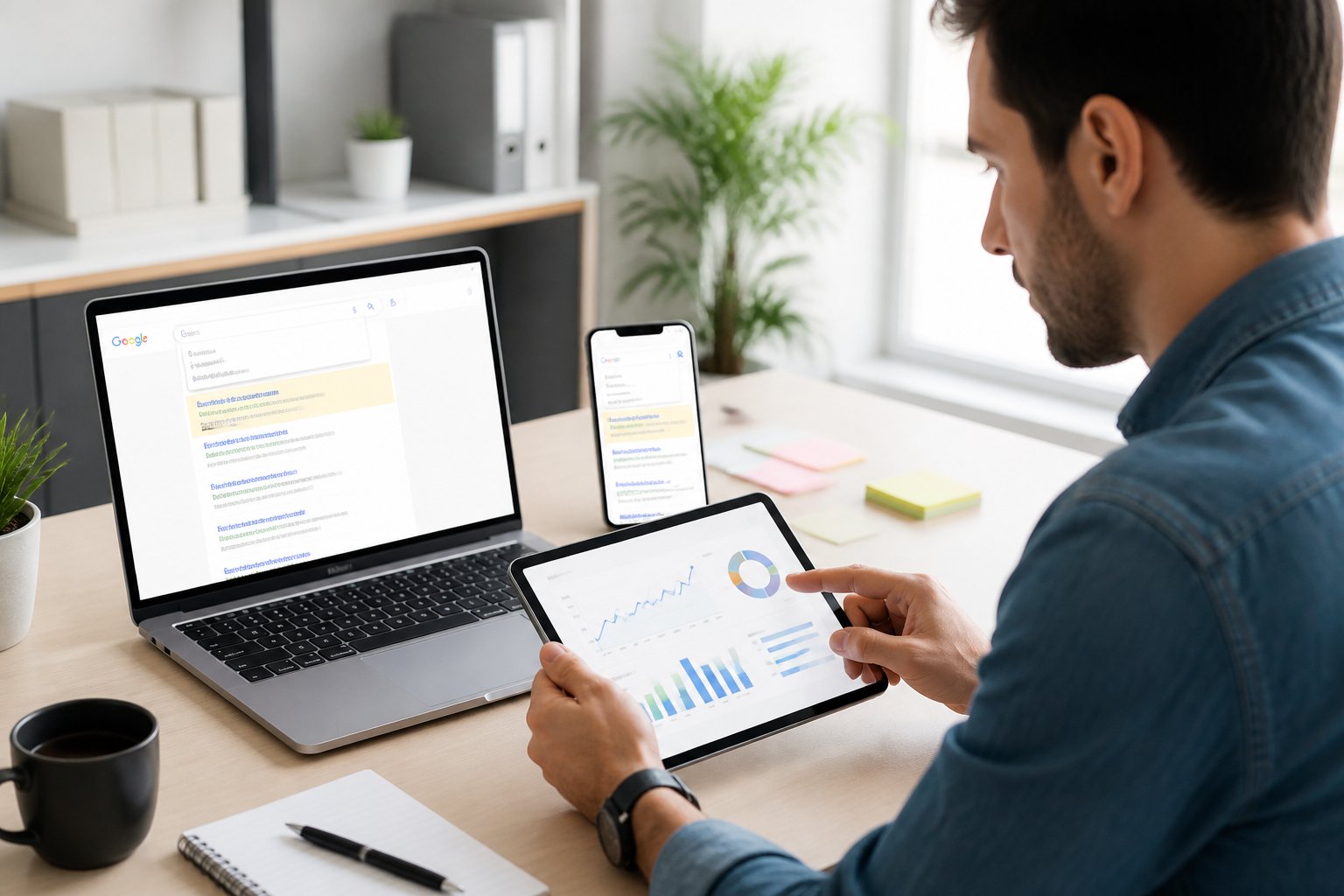 A business professional analyzing Google search ads and autocomplete suggestions on a laptop and smartphone in a bright office setting.