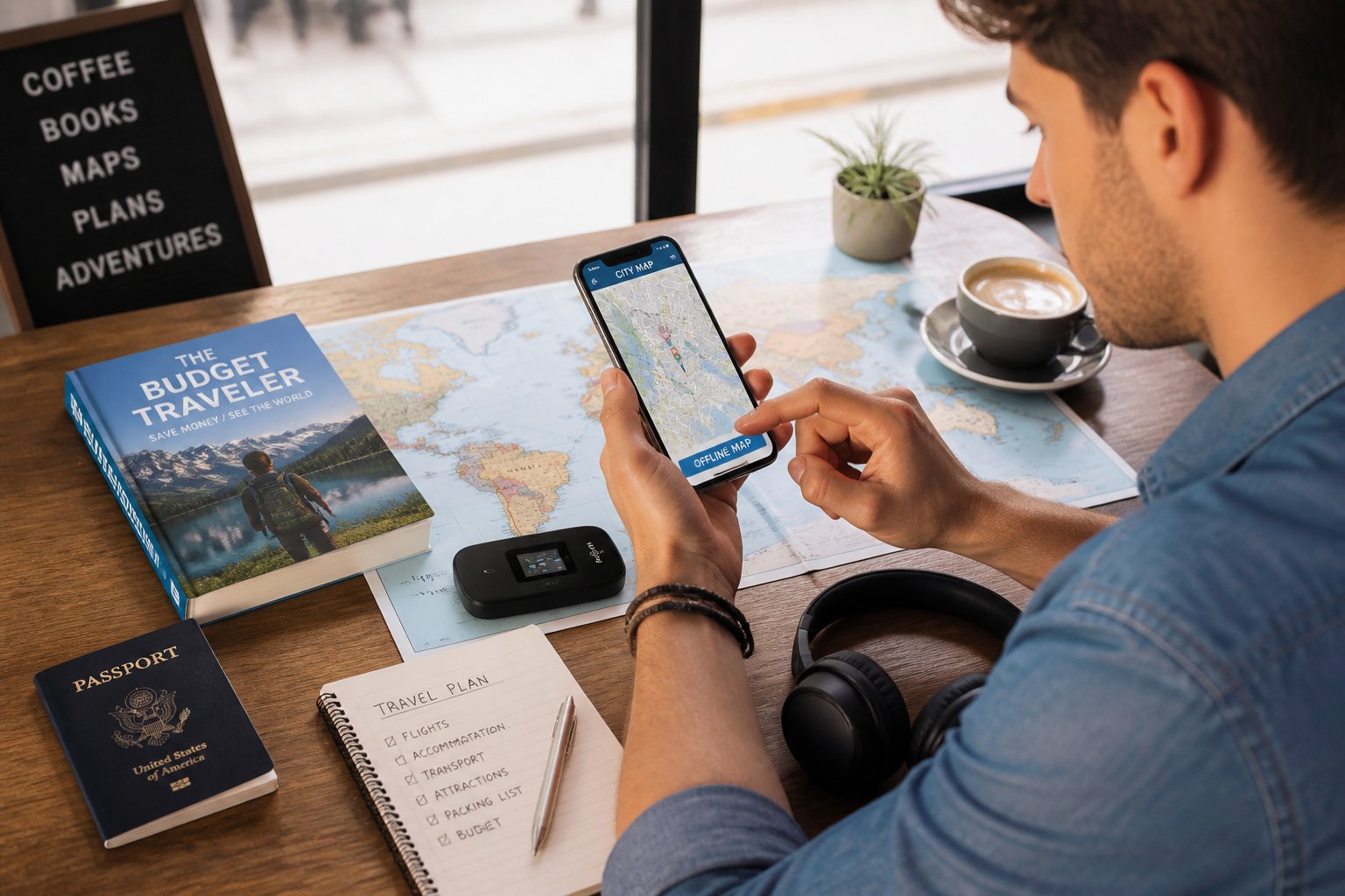 A person sitting at a café table using a smartphone with offline maps, surrounded by travel items including a world map, guidebook, and passport.