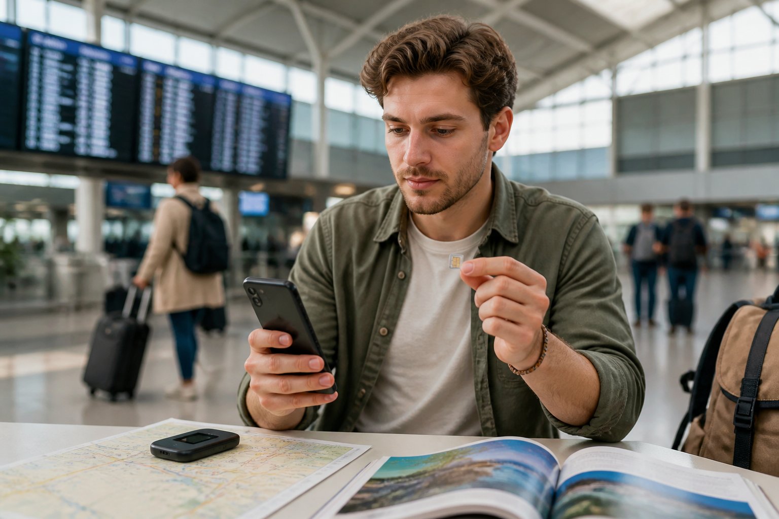 Traveler using a smartphone and holding a SIM card in an airport terminal with travel items nearby.