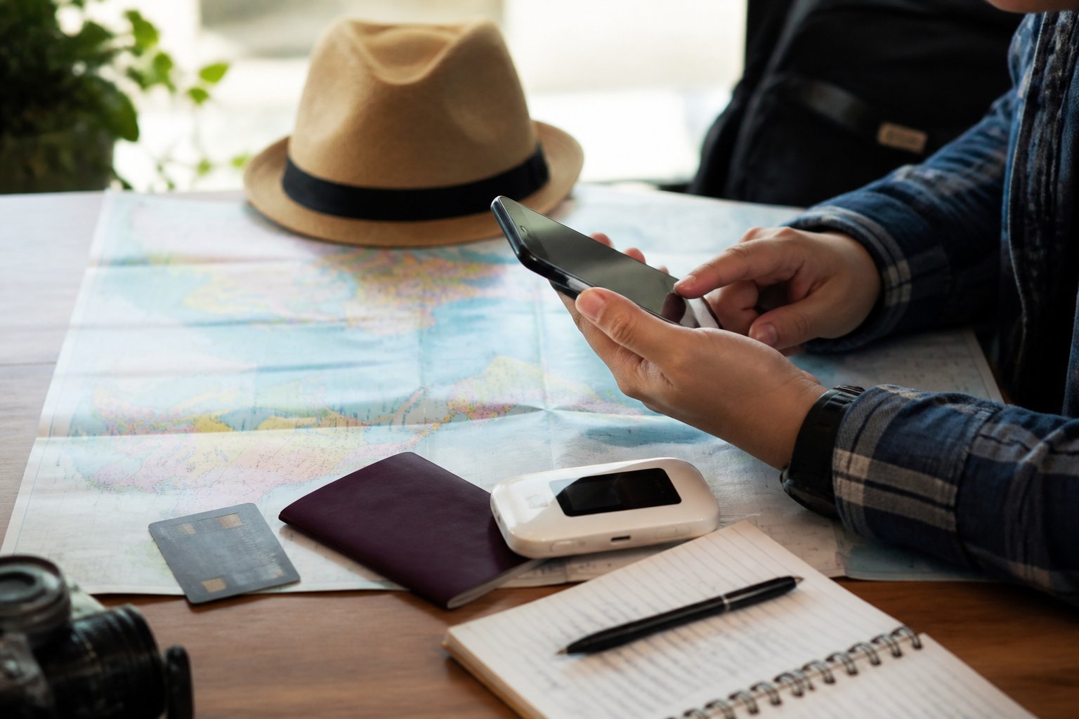 A person using a smartphone and a paper map on a table with travel items like a passport and a portable Wi-Fi device.
