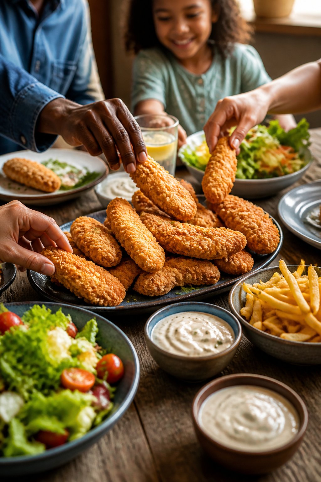 A table filled with plates of crispy chicken tenders, dipping sauces, and side dishes with hands reaching in to grab food.