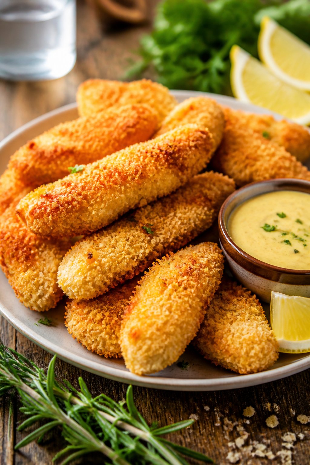 Plate of crispy oven-baked chicken tenders with a bowl of dipping sauce and fresh herbs on a wooden table.