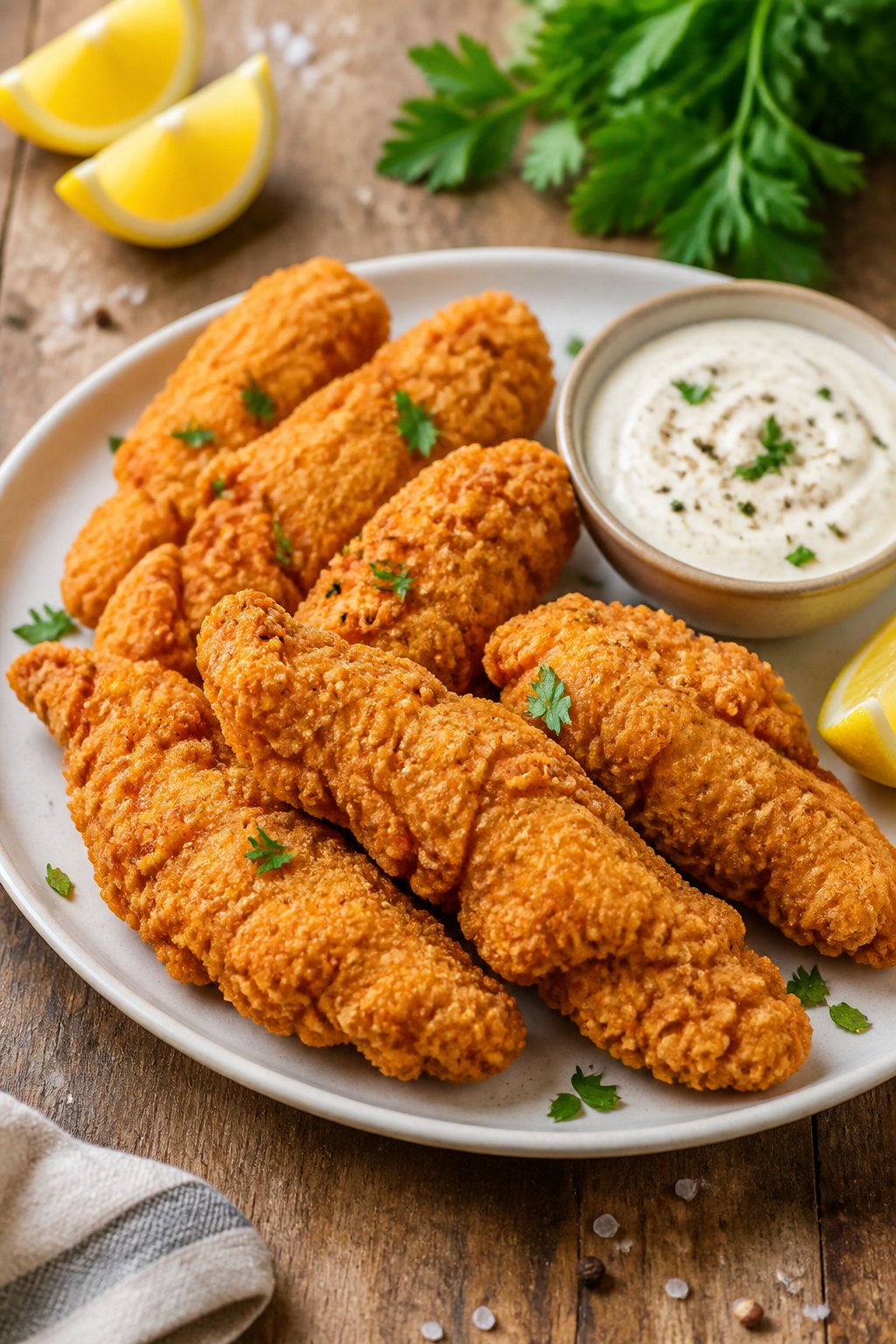 A plate of golden fried chicken tenders with fresh herbs and a bowl of dipping sauce on a wooden table.