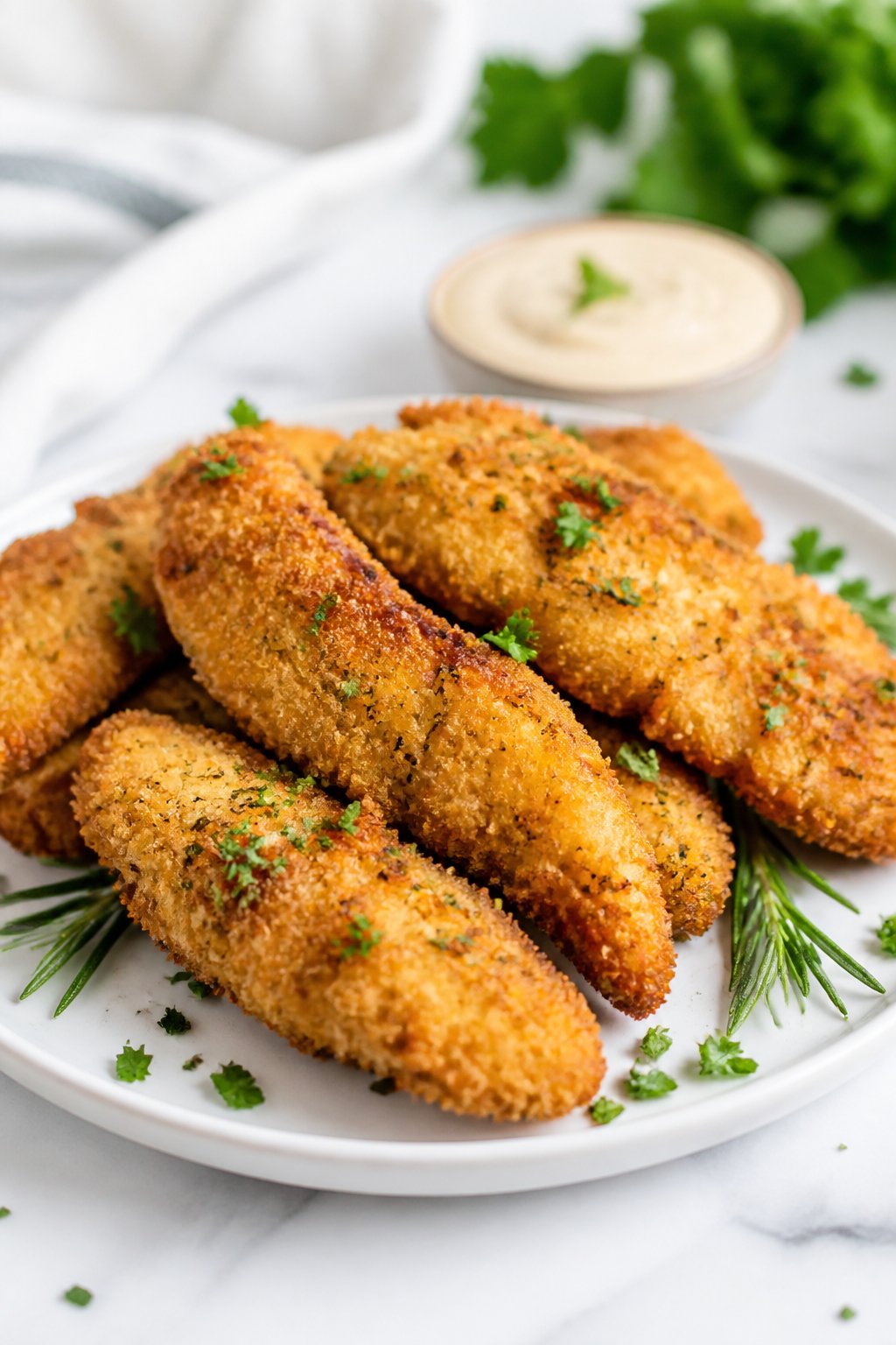 A plate of golden-brown Parmesan-herb chicken tenders garnished with fresh herbs and a bowl of dipping sauce on a kitchen table.