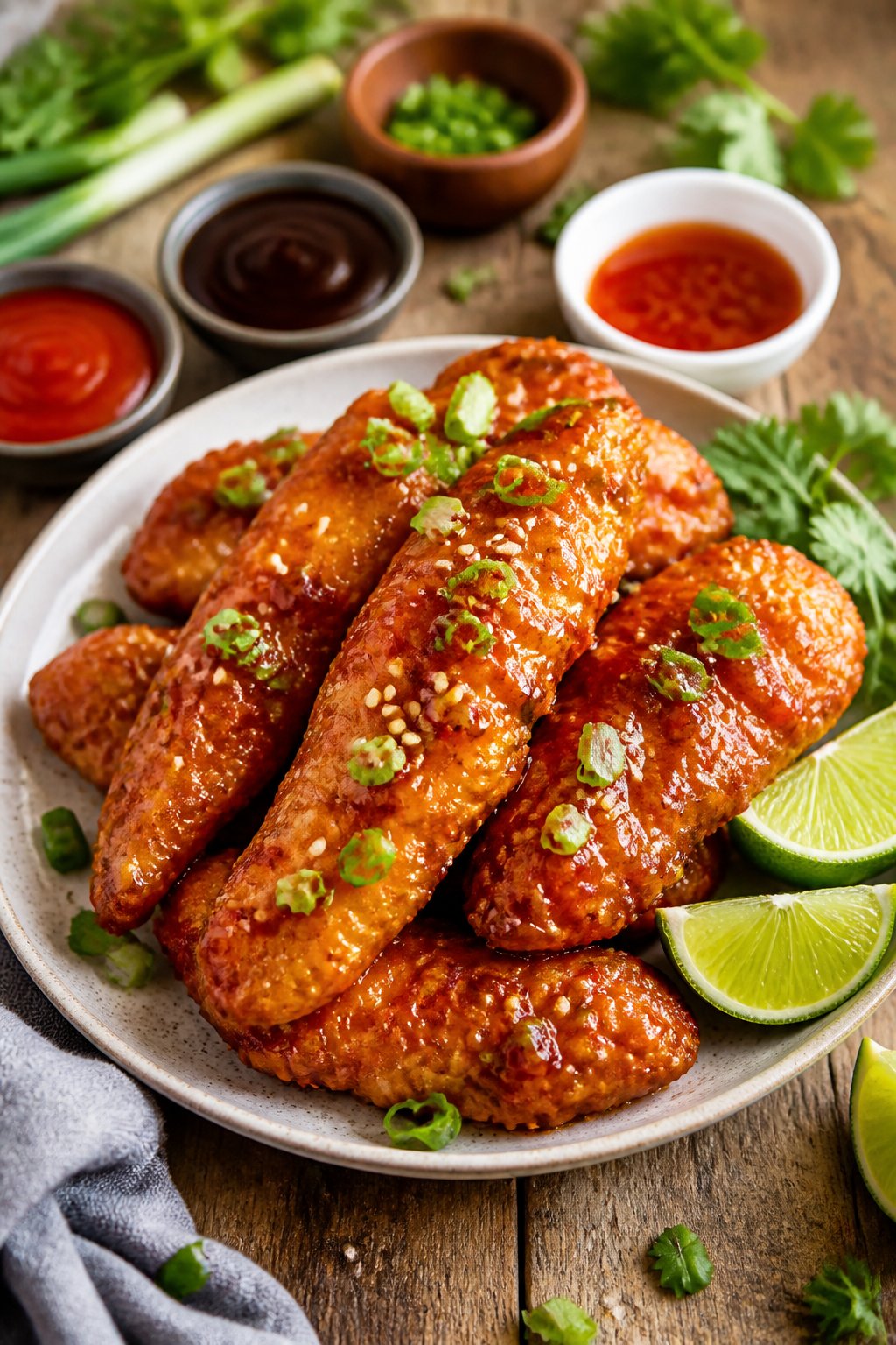 A plate of honey-sriracha glazed chicken tenders garnished with green onions and sesame seeds, served with dipping sauces and lime wedges on a wooden table.